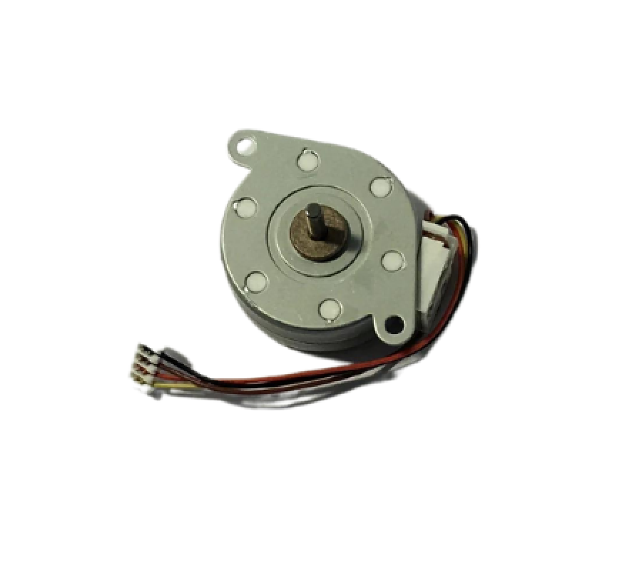 A small brushed DC motor with a silver metal housing, a central shaft, and attached multi-colored wire leads, shown on a plain white background.