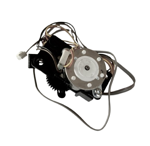 A replacement appliance motor assembly with a black plastic body, silver metal rotor, and multiple attached wires, isolated on a white background.