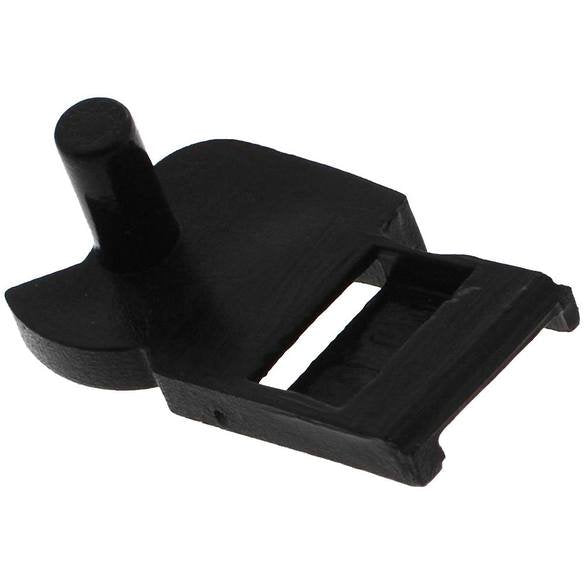 A small black plastic clip or fastener component with a cylindrical protruding tab, shown on a plain white background.