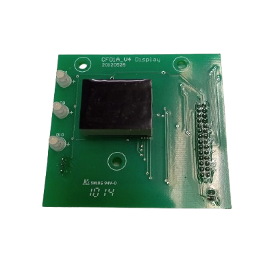 A green printed circuit board (PCB) featuring a central black square component, a vertical array of silver screw connectors on the right, and white printed text and numbers.