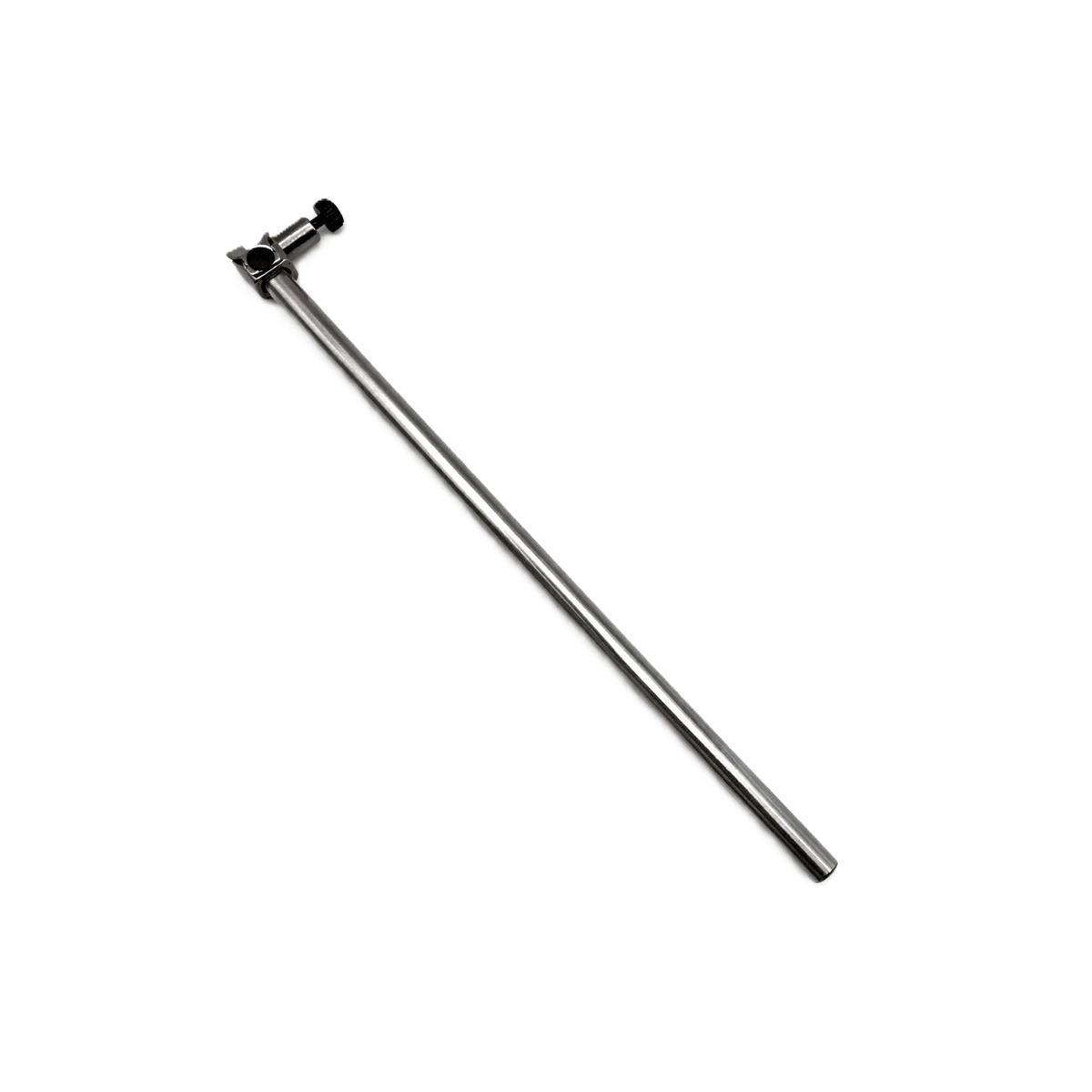 A long, slim metallic pole or rod with a small black adjustment knob at one end, photographed on a plain white background.