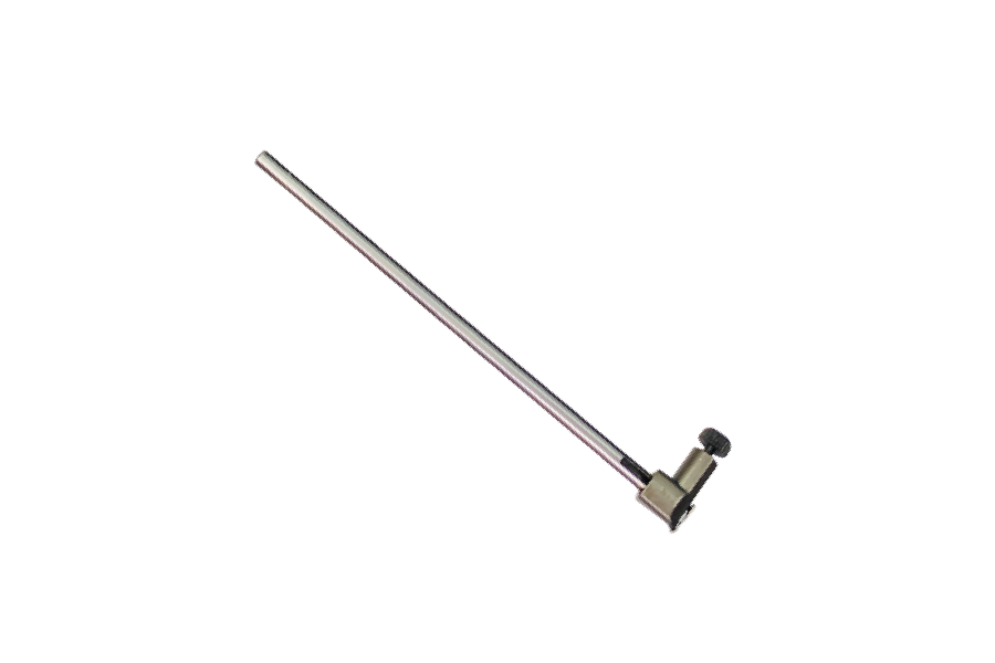 A long, thin metallic rod or stick with a small angled metal fitting and dark knob, isolated on a plain white background.