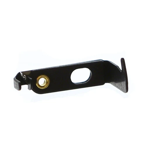 Black metal bracket with a gold circular component on a white background