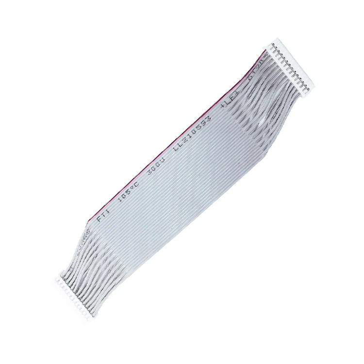 A flat ribbon cable with a white plastic sheath, featuring a red center stripe and printed technical specifications on the side, shown on a plain white background.