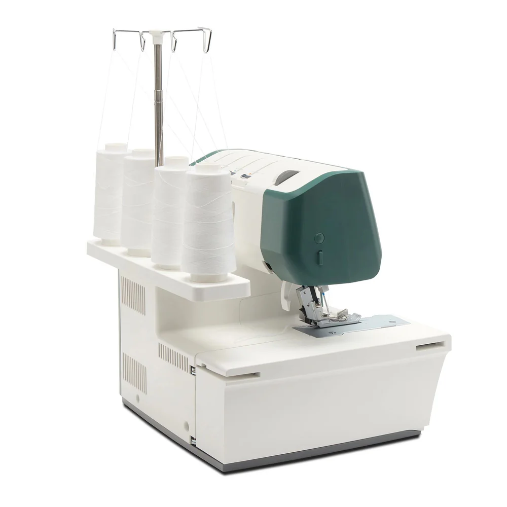 Sewing machine with a white base and gray top on a white background