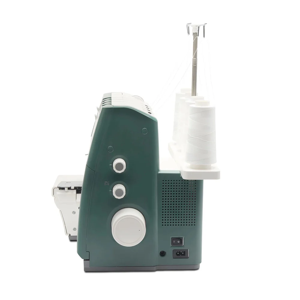 Gray sewing machine with a white thread spool stand on a white background