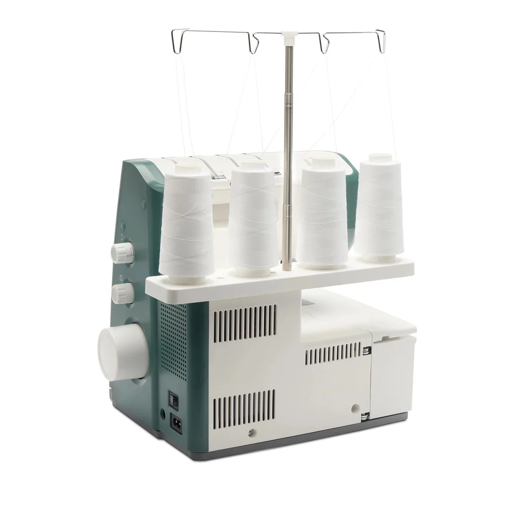 Serger machine with white thread and spool stand on a white background