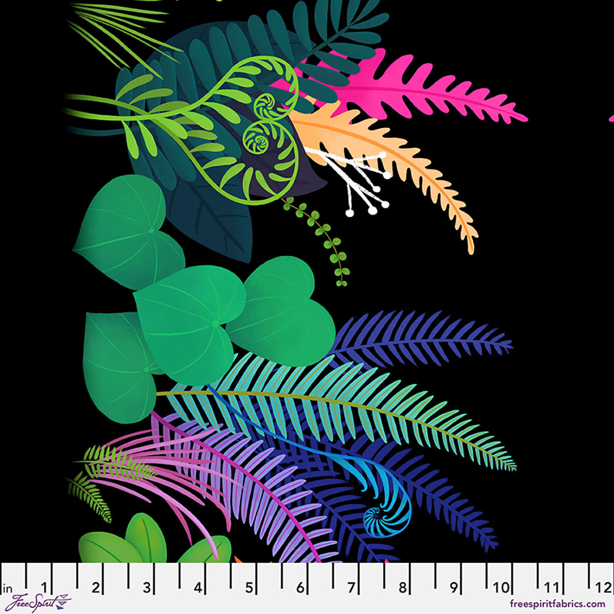 Fabric FreeSpirit Black Fern Curl Border Love Under the Stars by the Quarter Yard PWKT062.XBLACK