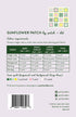 Back cover of a quilting pattern booklet titled 'Sunflower Patch by patch + dot' showing fabric requirements in a table, a small quilt pattern swatch grid, barcode, and publisher details for Patch and Dot.