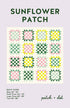 A quilt pattern cover for 'Sunflower Patch' by patch + dot, showing a grid of colorful quilt blocks on a pale lavender background with quilt sizes listed below.