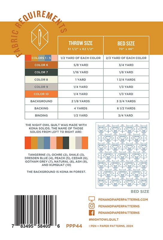 Pen and Paper Patterns Night Owl Quilting Pattern PPP-44
