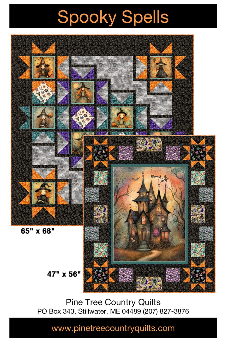 Quilt pattern with haunted house design and Pine Tree Country Quilts branding