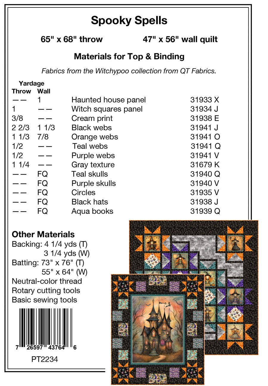 Quilt pattern with materials list and fabric swatch for 'Spooky Spells' quilt.