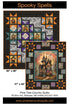Quilt pattern with haunted house design and Pine Tree Country Quilts branding