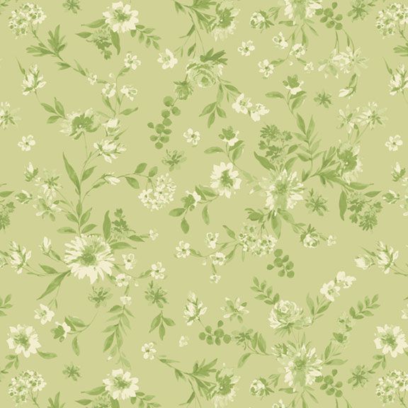 Fabric Marcus Green Viney Floral Buttercup & Blues by the Quarter Yard R022036D-GREEN