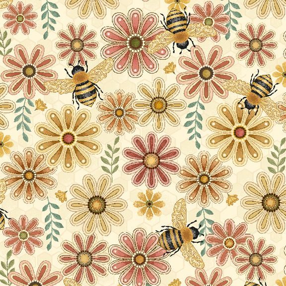 Fabric Marcus Cream Flowers & Bees Honeycomb Hollow by the Quarter Yard R792122D-CREAM