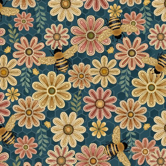 Fabric Marcus Teal Flowers & Bees Honeycomb Hollow by the Quarter Yard R792122D-TEAL