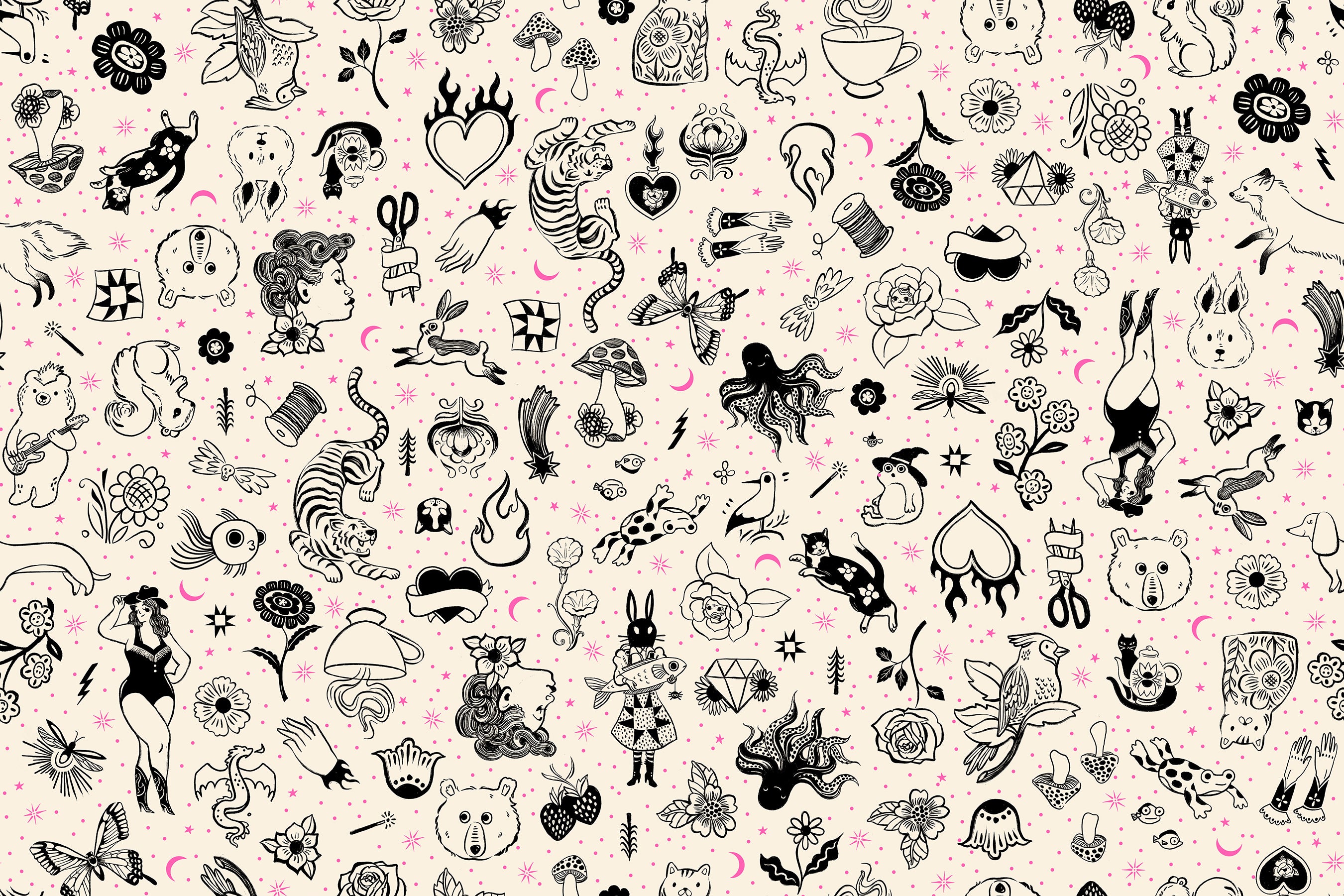 Fabric Ruby Star Society Natural Tattoo Flash Ink Shop by the Quarter Yard RS2145-11