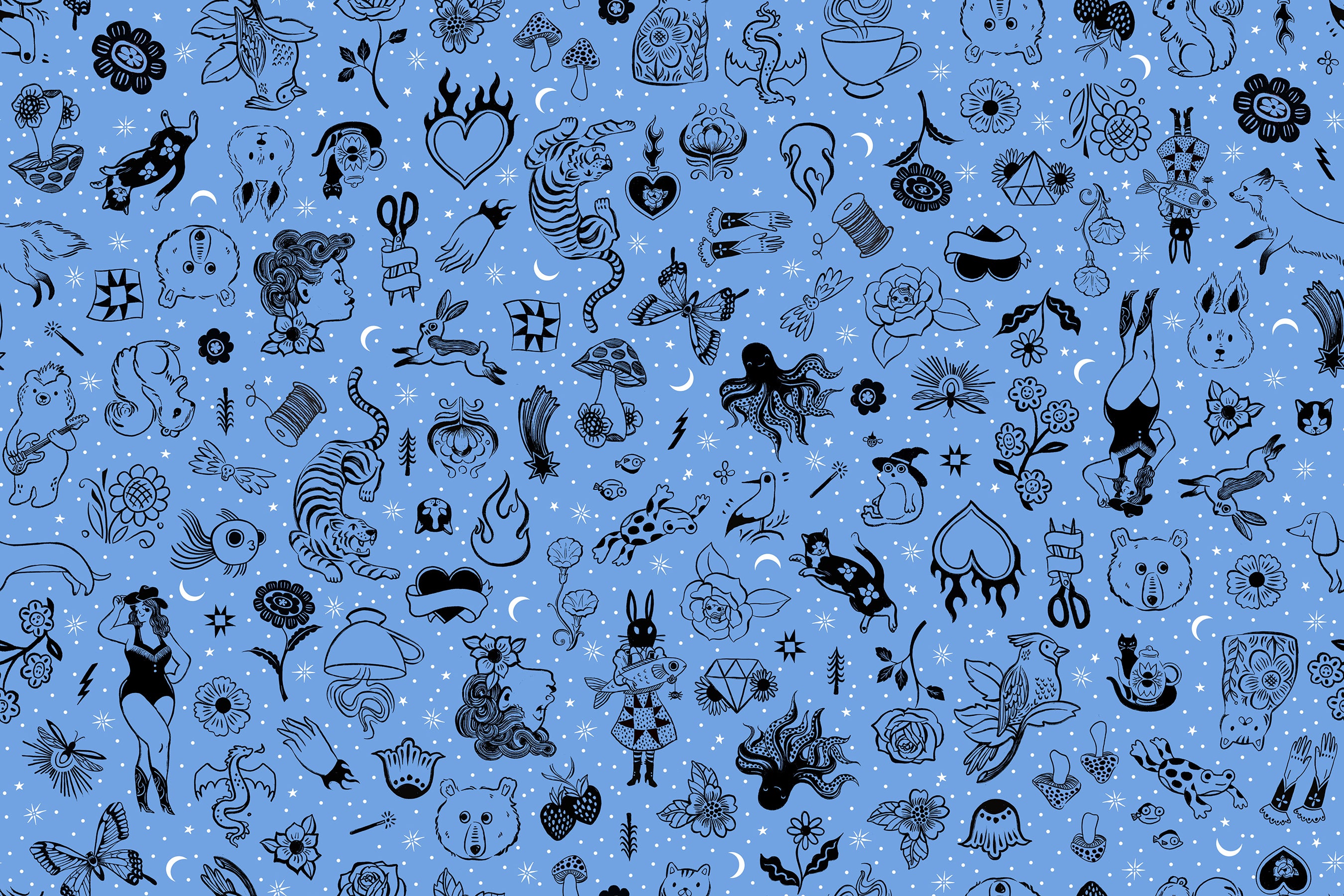 Fabric Ruby Star Society Lindley Blue Tattoo Flash Ink Shop by the Quarter Yard RS2145-13