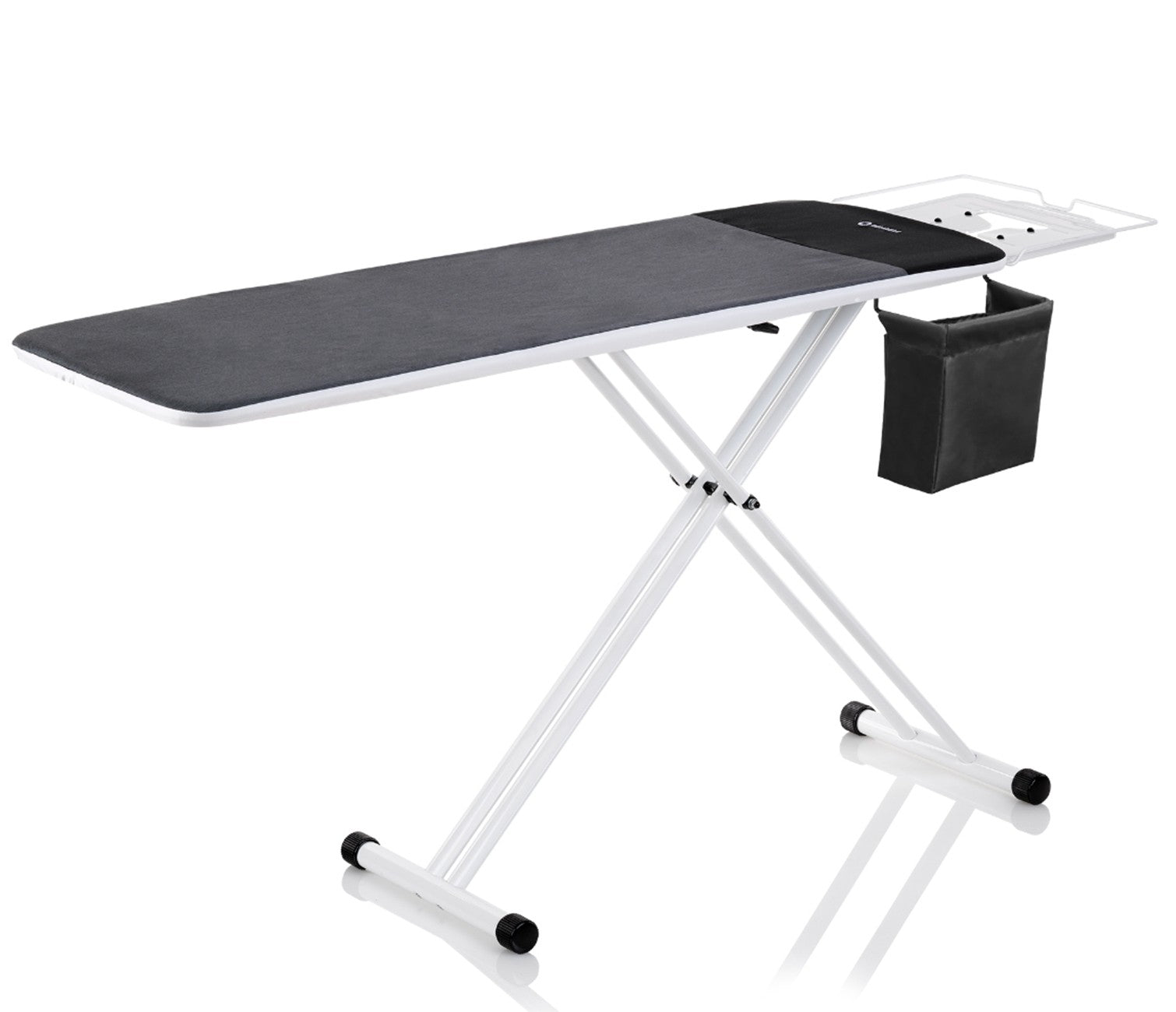 Ironing board with a black top and white base on a white background