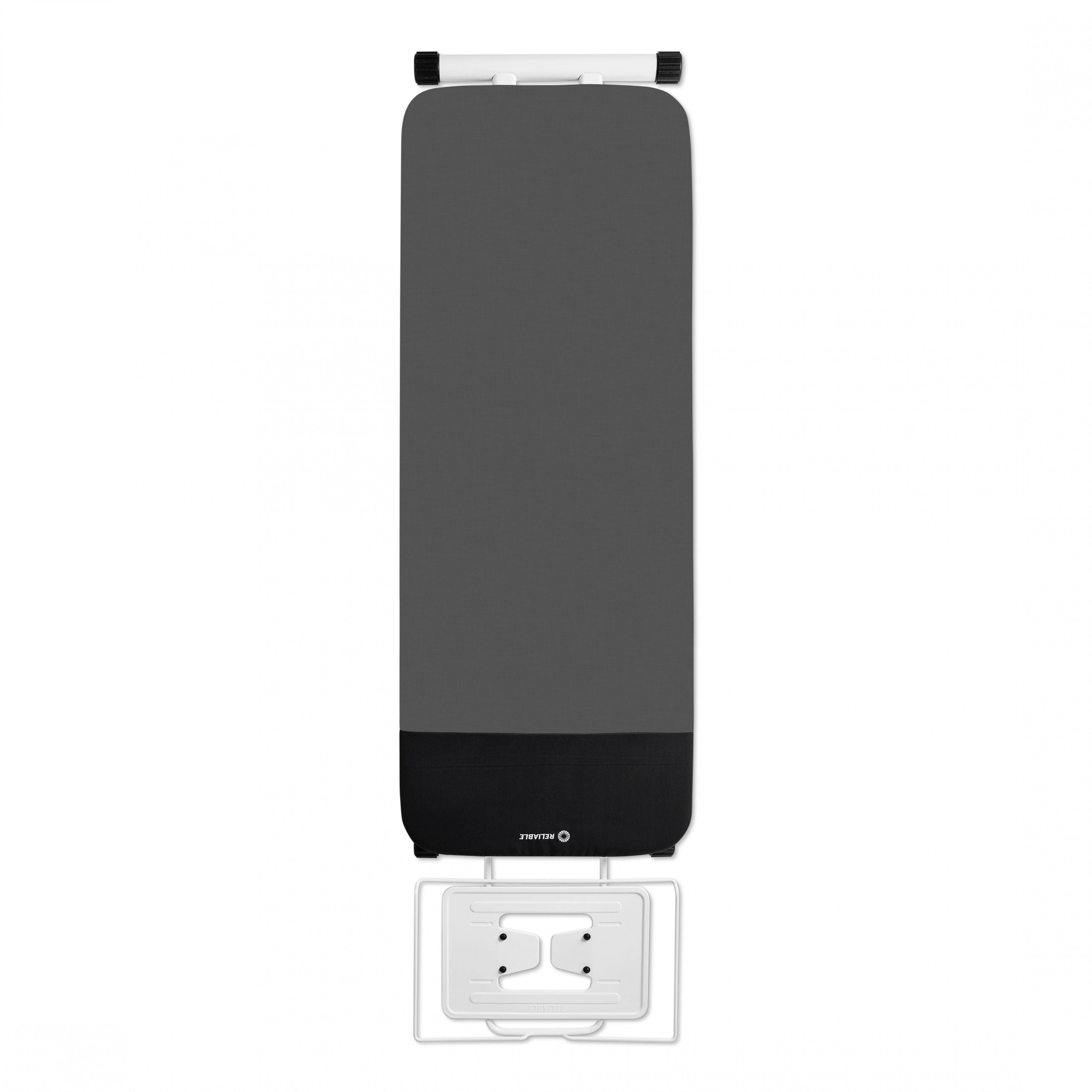 Black ironing board with white base on a white background