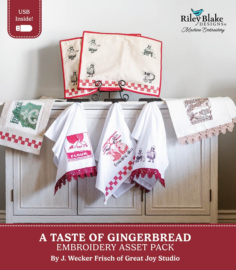 Promotional graphic for a Riley Blake Designs 'A Taste of Gingerbread' embroidery asset pack, showing embroidered kitchen towels and cloths displayed on a cabinet against a light wall.