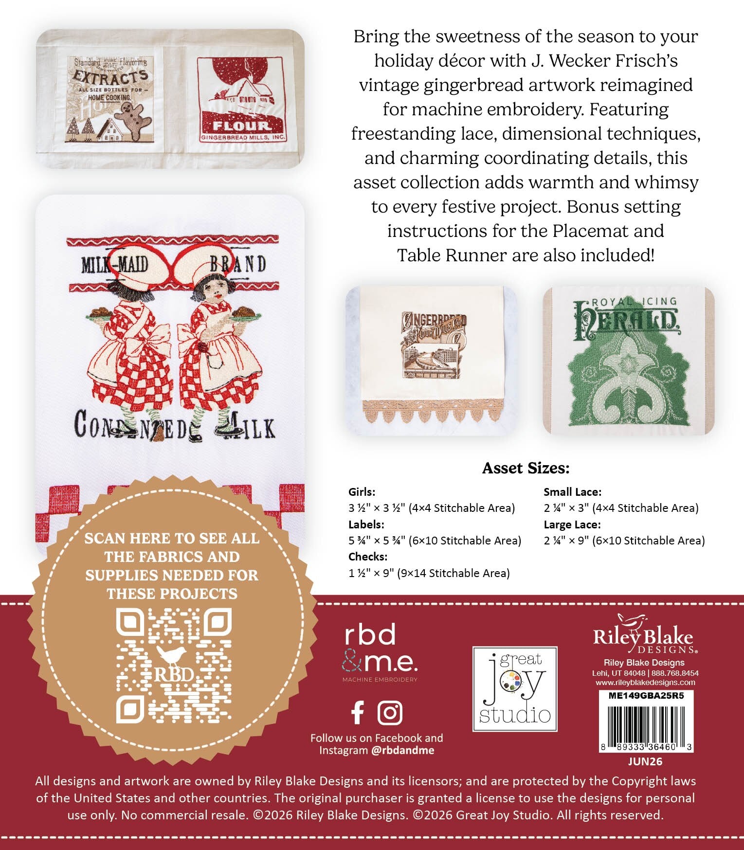 Promotional graphic for a sewing pattern set featuring vintage-style flour sack illustrations. The image includes multiple pattern designs such as 'Milkmaid Flour', 'Confection Silk', and 'Very Pretty', along with sizing tables for girls, women, and templates, a QR code, and logos for Riley Blake Designs and Great Joy Studio.