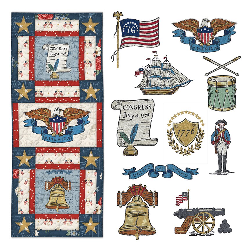 Collection of patriotic-themed illustrations including flags, eagles, and a ship on a white background.