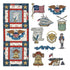 Collection of patriotic-themed illustrations including flags, eagles, and a ship on a white background.