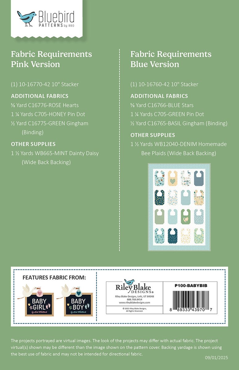 Riley Blake Designs Bluebird Patterns Baby Bib Quilt Pattern P100-BABYBIB