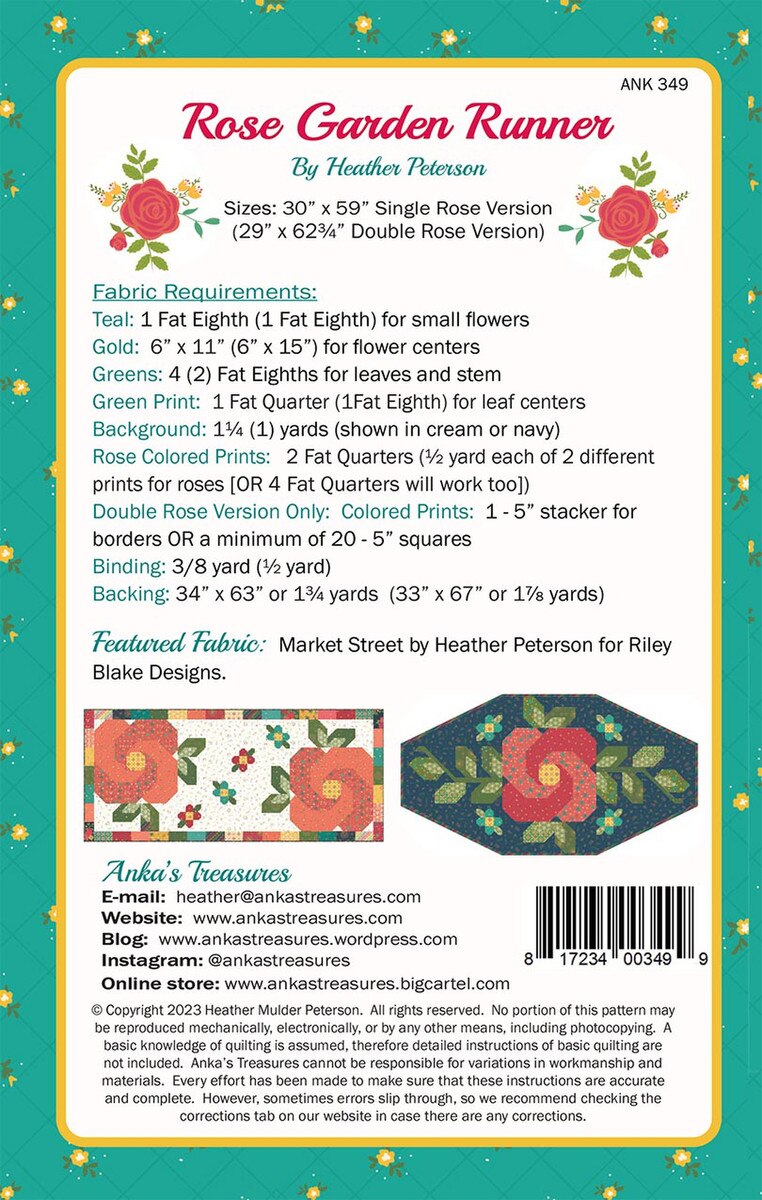 Riley Blake Designs Heather Peterson Rose Garden Runner Pattern P154-ROSEGARDEN