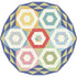A circular quilt pattern or rug design featuring a central red hexagon surrounded by six other hexagons in pastel pink, green, blue, yellow, and cream, all set within a navy and yellow geometric border on a white background.