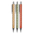 Three retractable mechanical pencils with decorative patterned barrels, shown vertically on a plain white background. The left pen has a warm orange-brown background with white floral motifs; the middle pen has an olive green and white checkered pattern; the right pen has a coral-red background with small pink floral motifs.