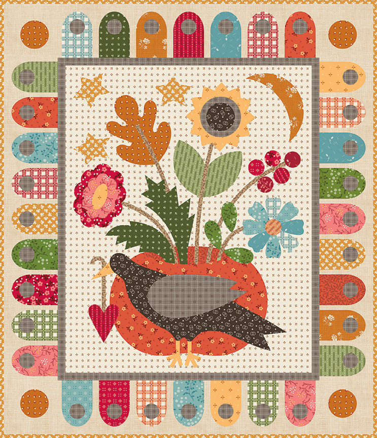 Quilt with a bird, flowers, and colorful geometric border