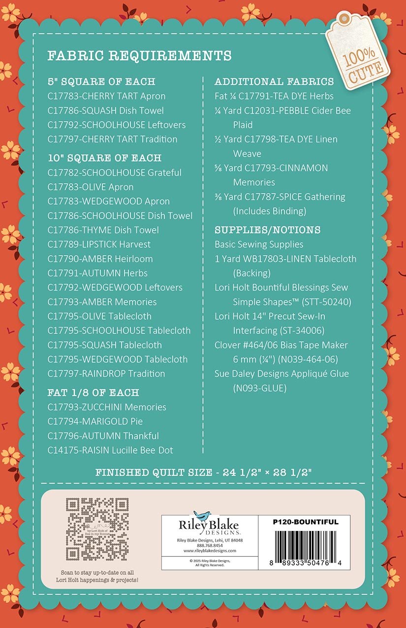 Back cover of a quilting fabric pattern booklet by Riley Blake, displaying fabric requirements, a QR code, and a barcode on a teal and orange background.