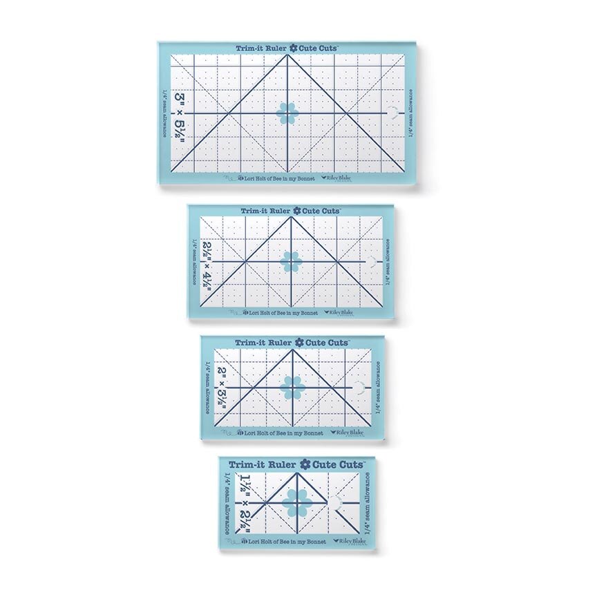 Four light blue quilting rulers with white grids and black measurement markings, arranged vertically on a white background.