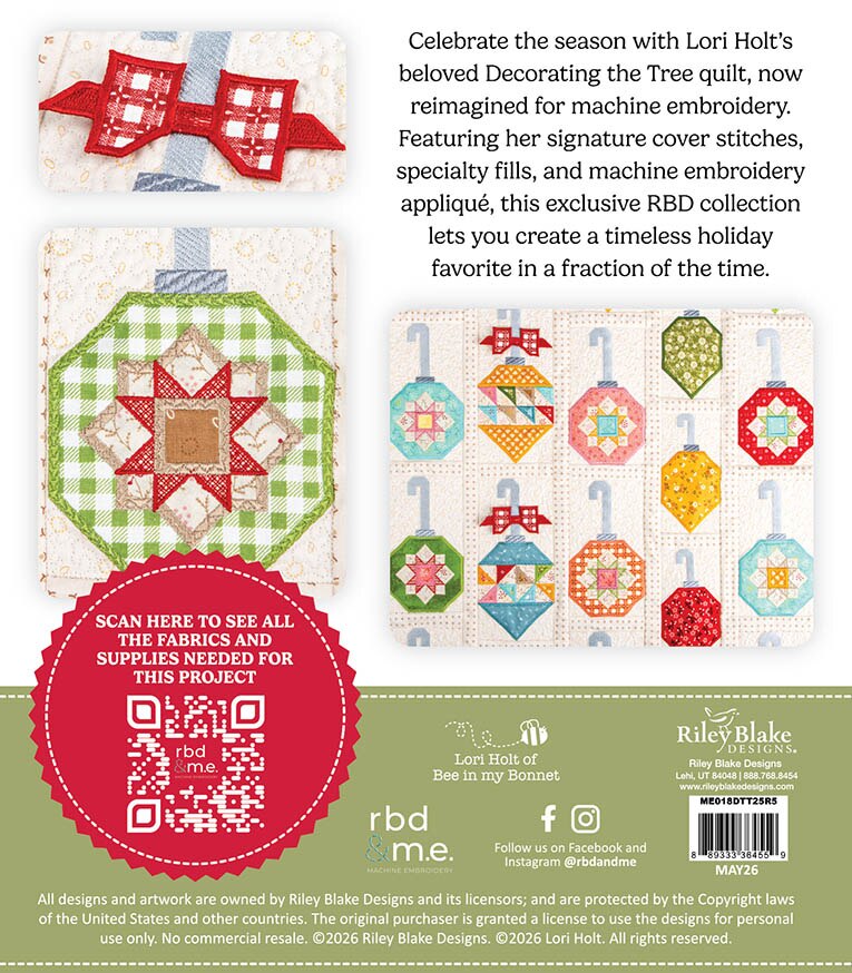 Back cover of a Riley Blake Designs 'RBD me' machine embroidery pattern booklet, featuring a Tree quilt design with a red bow, a green and white checkered tree, and several colorful geometric embroidery stitch previews on a white background with a green footer.