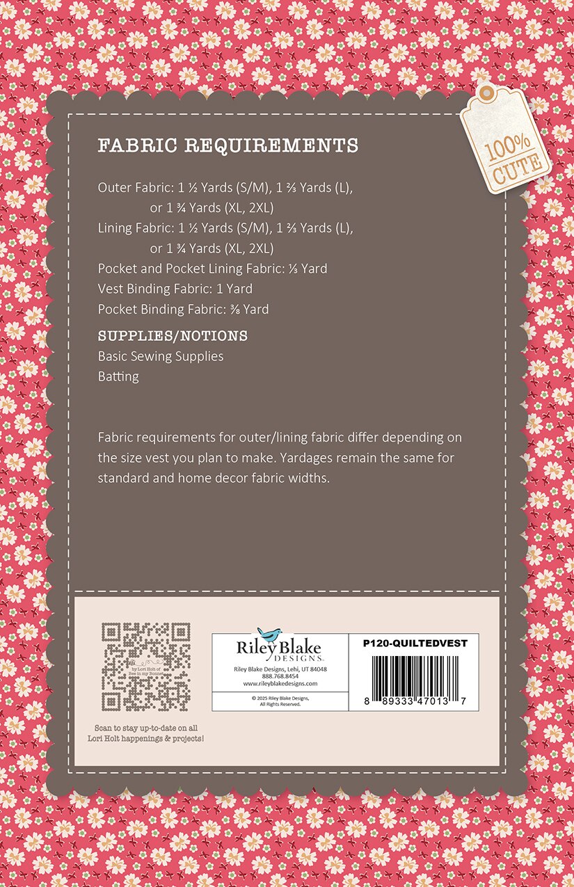 Riley Blake Designs Lori Holt Farmer's Daughter Quilted Vest Pattern P120-QUILTEDVEST