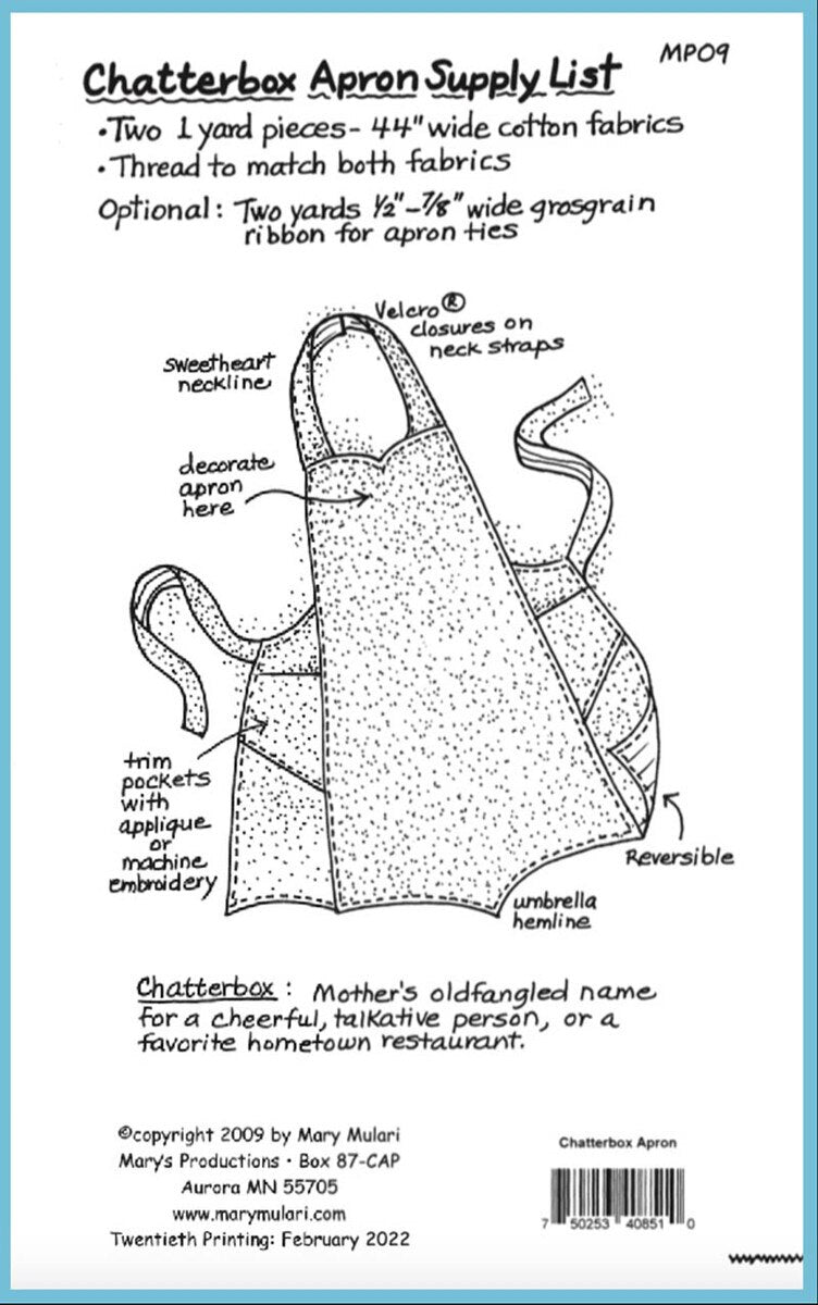 Riley Blake Designs Mary Mular Chatterbox Apron Pattern P105-CHATTERBOXAPRON
