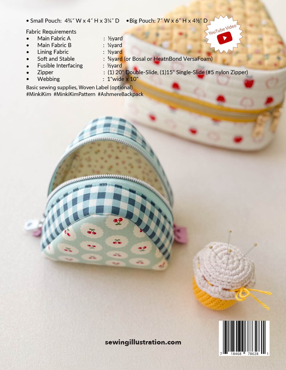 Back cover of a sewing pattern booklet showing fabric requirements, finished measurements, and a small zip pouch made from the pattern. The pouch is light blue and white gingham with small red floral prints.