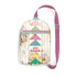 A small crossbody bag with a colorful patchwork tree design on a cream background, featuring a pink adjustable strap and a pink zipper.