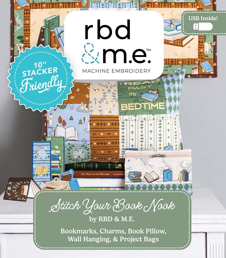 Embroidery kit packaging with various products and branding elements.