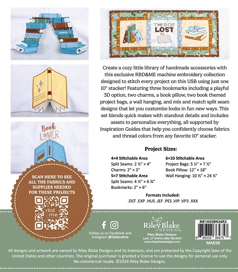 Riley Blake Designs machine embroidery design set for handmade accessories on a USB with project sizes and formats listed.