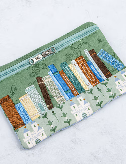 Pouch with book design on a light background