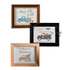 Three framed embroidery designs with seasonal messages and truck illustrations on a white background.