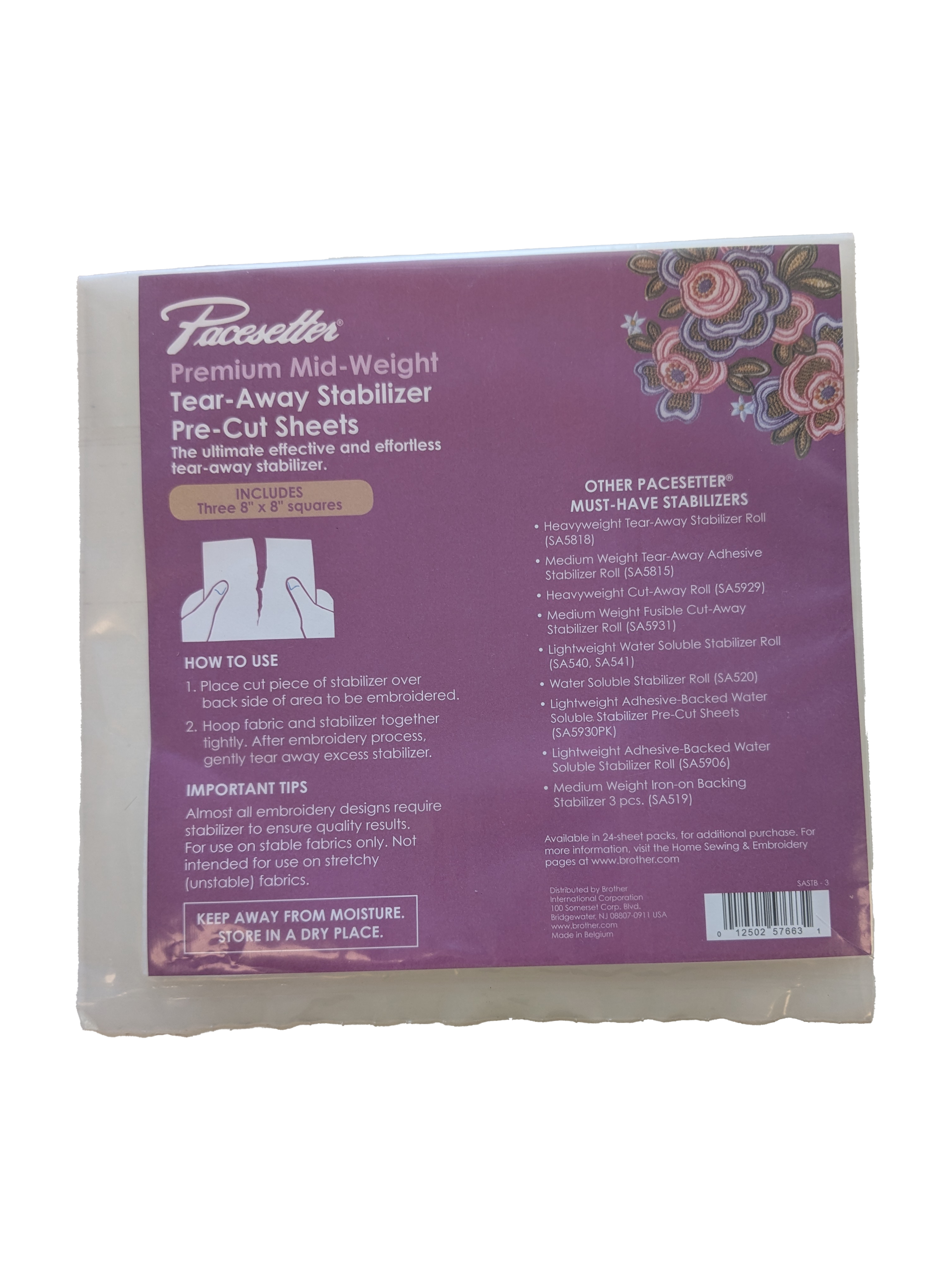 Brother Pacesetter Mid-weight Tear Away Stabilizer Pre-cut Sheets SASTB-3
