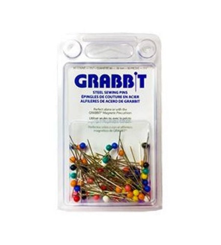A package of Grabbit steel sewing pins in a clear plastic blister pack with a white backing card. The pins have gold-toned metal needles and multicolored plastic heads in blue, red, yellow, green, and orange.