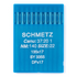 A blue plastic package of Schmetz sewing machine needles, showing the brand name and technical specifications in white text.