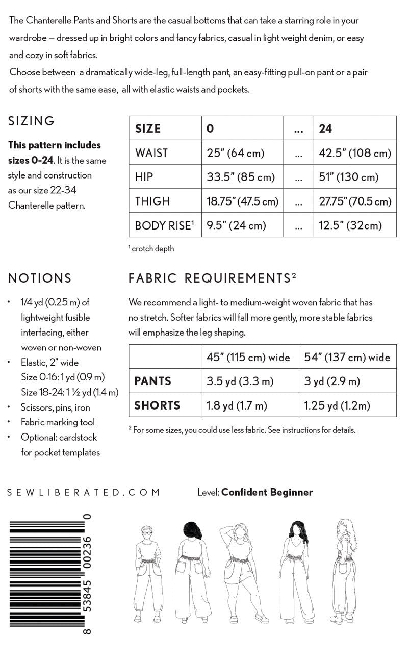 Pattern information sheet for pants and shorts with sizing chart and fabric requirements.