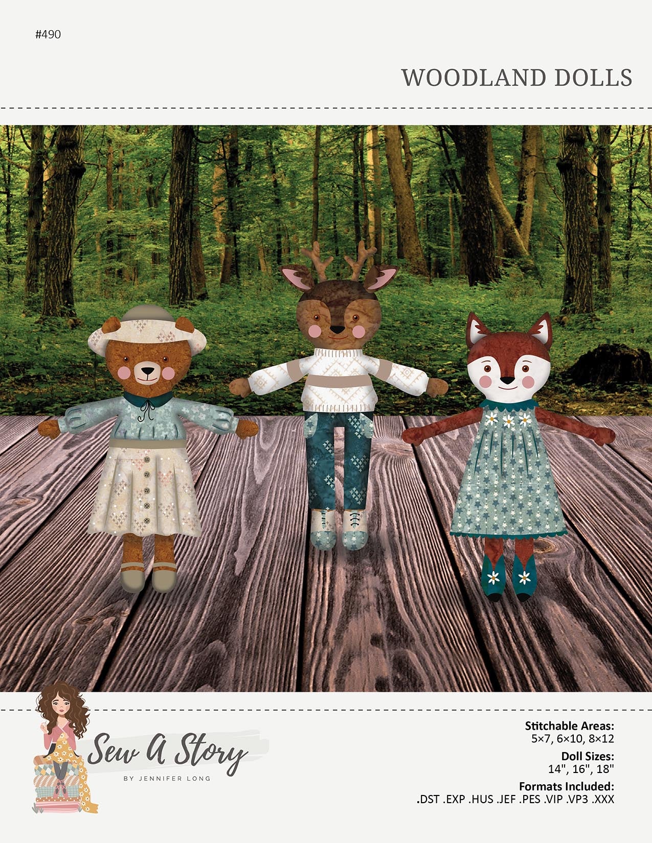 Pattern cover for Sew A Story's Woodland Dolls, showing three handmade dolls—a teddy bear, a deer, and a fox—standing on a wooden plank surface with a forest background. Text details the doll size, stitch area, and included formats.